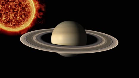 saturno gira con un fondo de sol ardiente