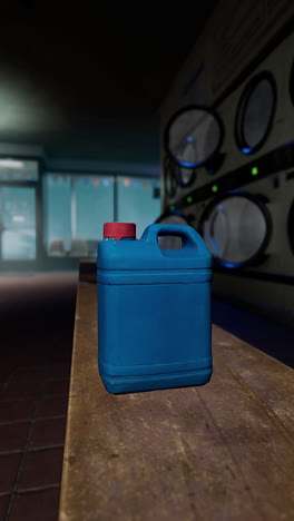 a blue plastic jug of laundry detergent sits on a wooden table in a laundry mat.