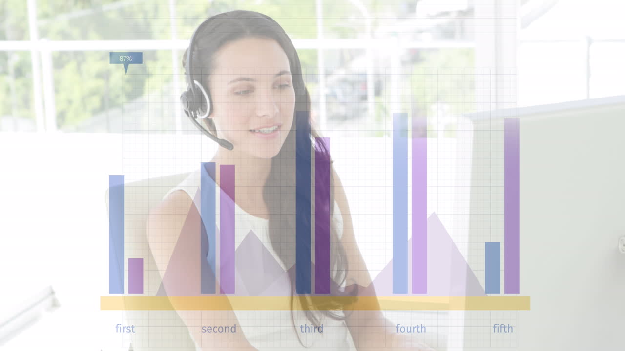Animation of financial data processing over caucasian businesswoman in office