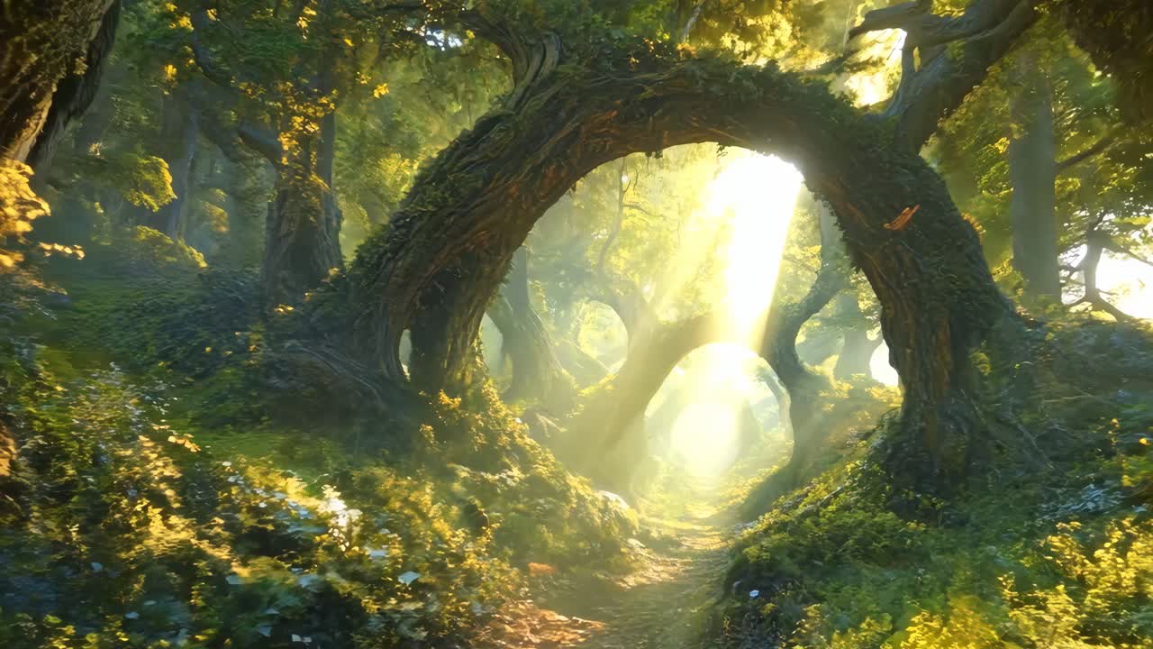A path through a forest with a tunnel in the middle of it