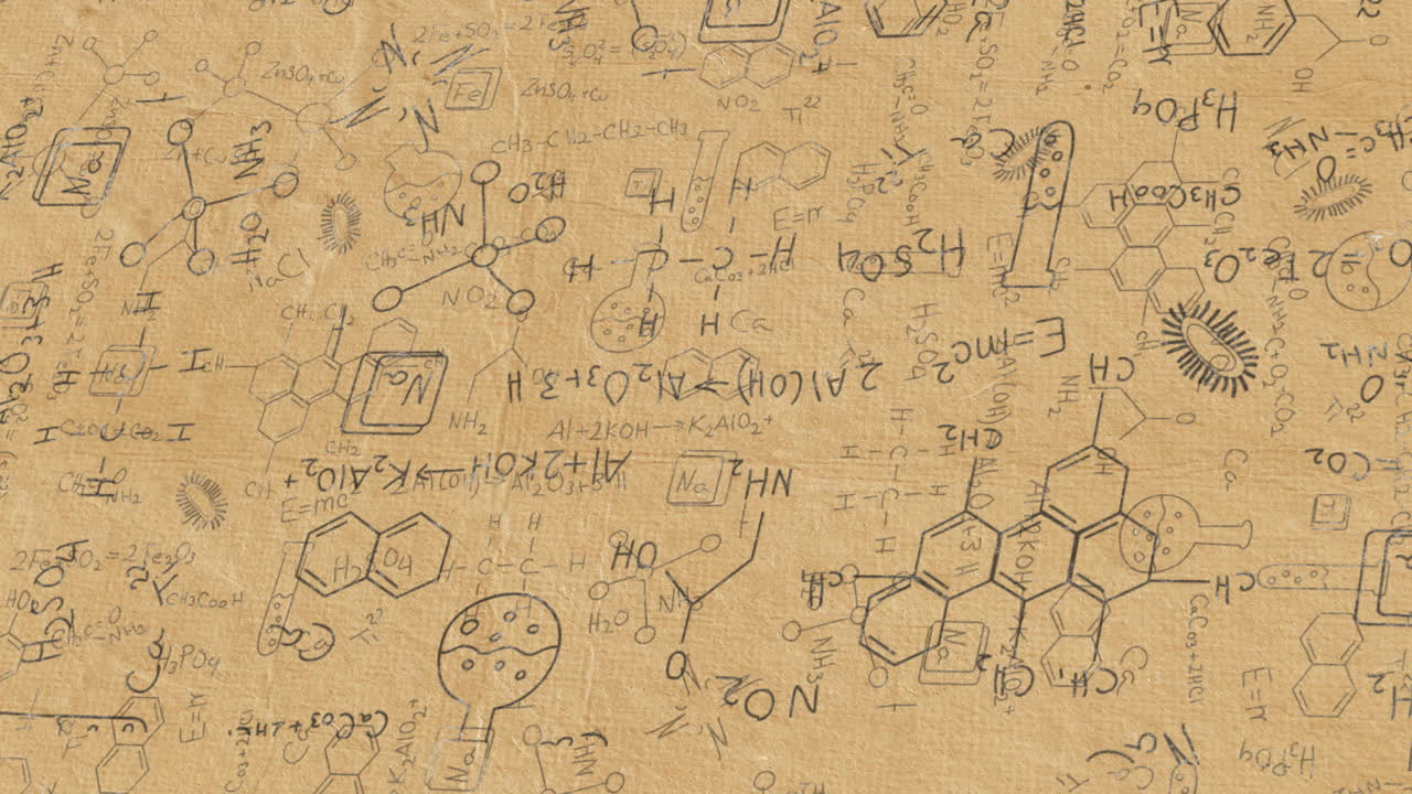 종이에 있는 화학 화합물의 검은색 구조 공식의 애니메이션