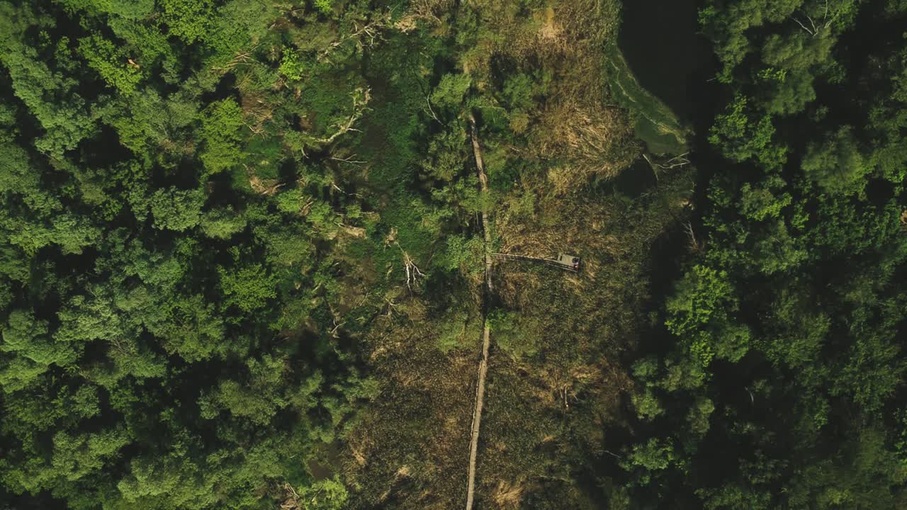 imágenes aéreas de gran altitud y avance lento de un sendero natural y su entorno más cercano
