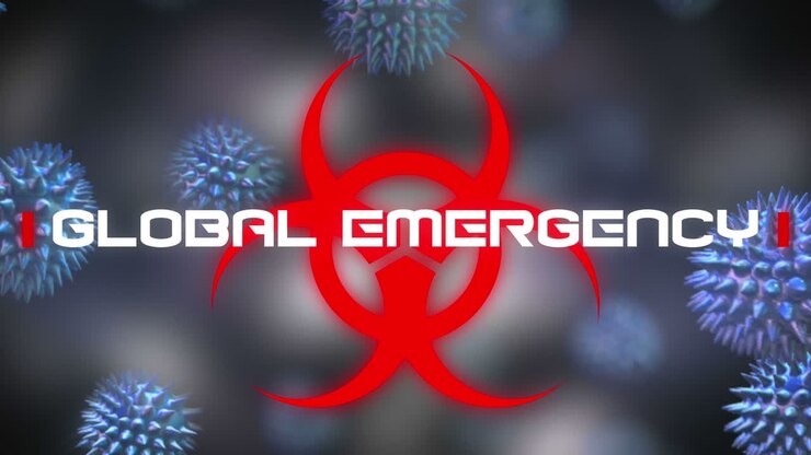 Parole Emergenza Globale scritte su un cartello di pericolo sanitario e cellule di coronavirus che si diffondono