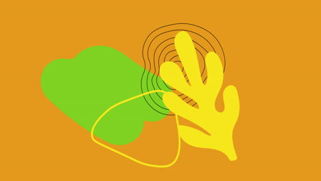 animación de formas abstractas verdes y amarillas y líneas que se mueven sobre un fondo naranja