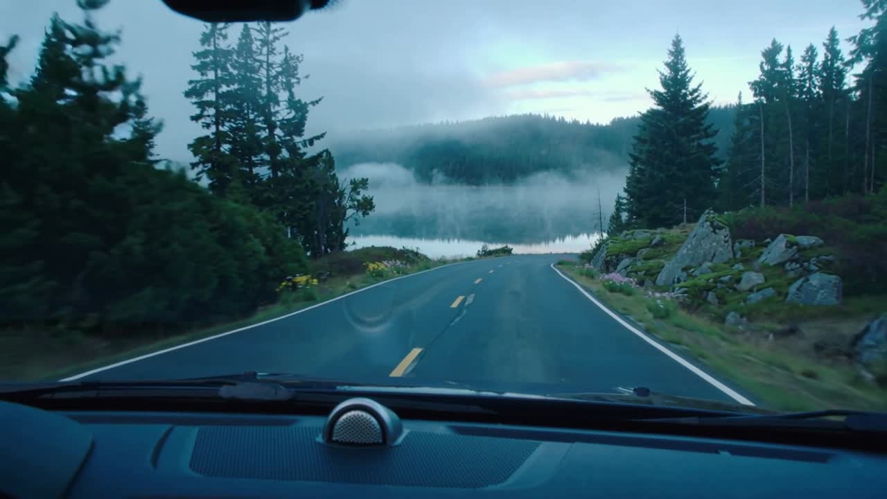 Vista in avanti dall'abitacolo durante la guida, mentre si entra in una strada in discesa verso un lago nebbioso, con la bocchetta del cruscotto e goccioline.