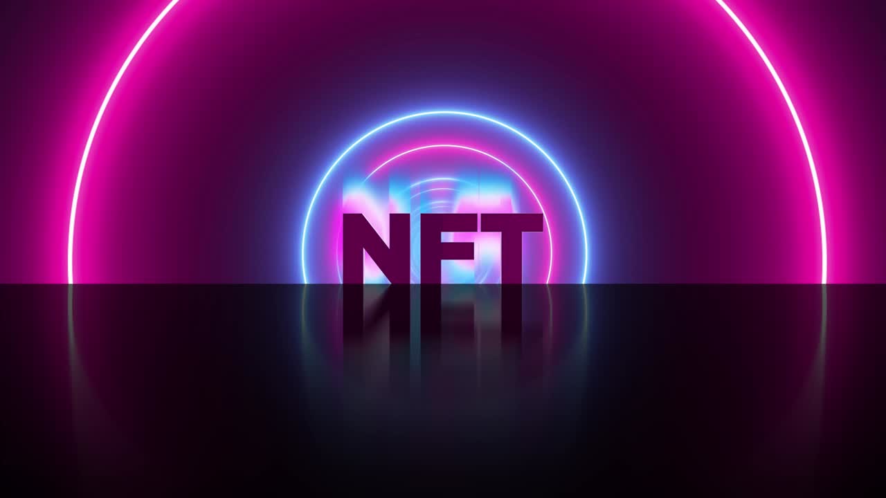 NFT non fungible token neon concept with Abstract background, circle shaped neon lights loop animation. . New way to buy digital assets, collectibles and crypto art. 3d render