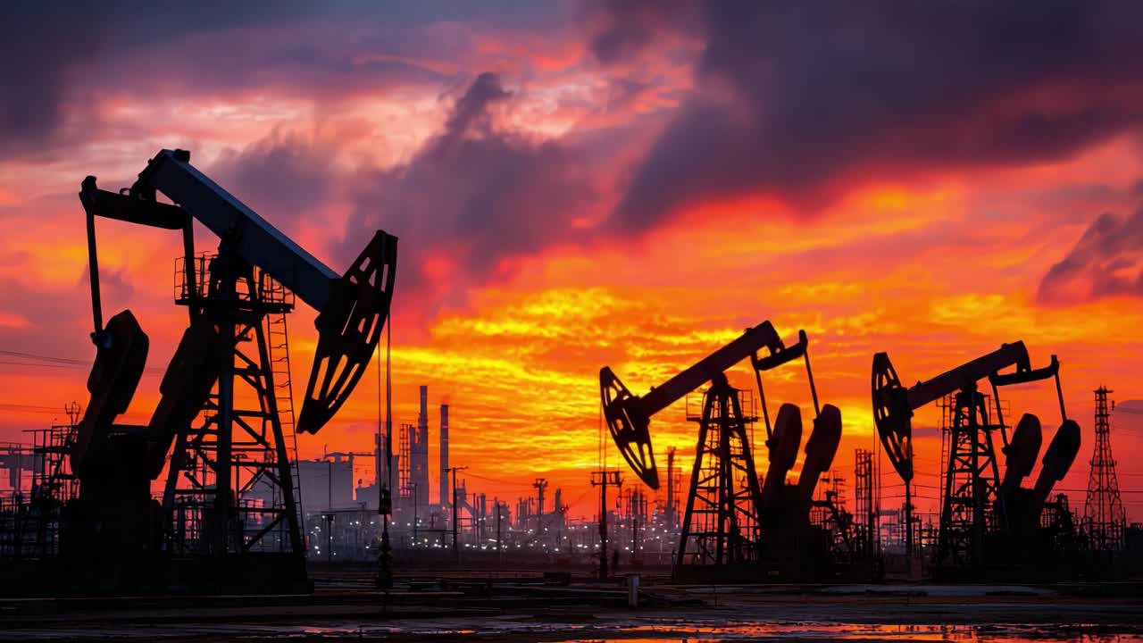 Puesta de sol dramática sobre bombas de petróleo: Un paisaje impactante que presenta maquinaria silueteada contra un cielo naranja y púrpura vívido en un entorno industrial