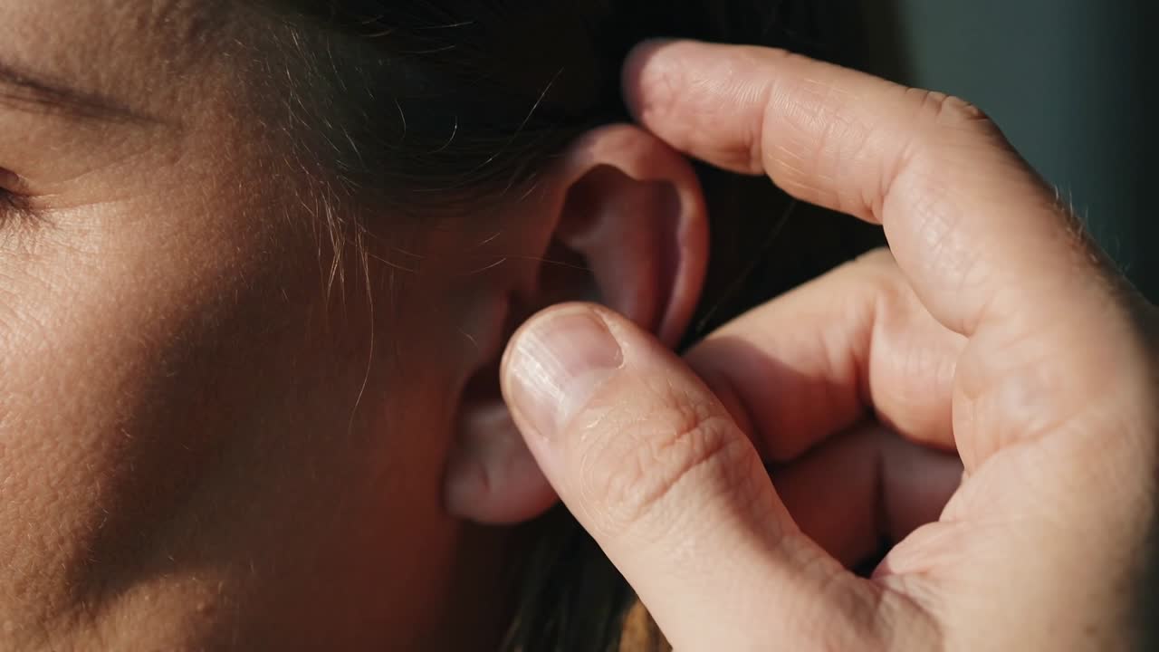 Una paziente riceve aiuto, con una mano che si avvicina all'orecchio e inserisce un auricolare per il monitoraggio della salute.
