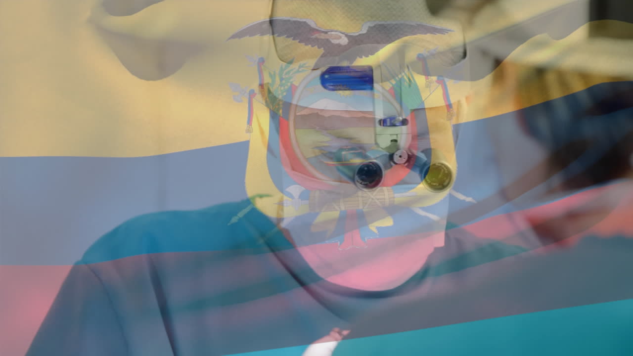 animación de la bandera de ecuador ondeando sobre los cirujanos en el quirófano