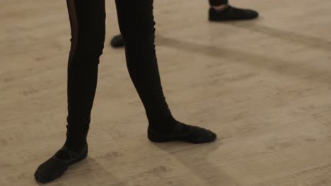 A group of young ballet students in black dancewear practicing positions in a spacious ballet studio with wooden flooring and wall-mounted barres. Focused expressions and synchronized movements.