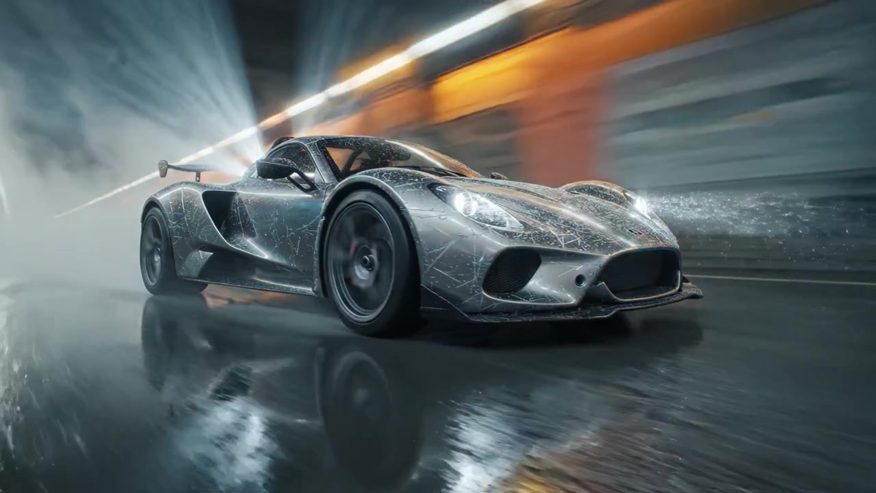 Un'auto da corsa ad alta velocità sfreccia attraverso un tunnel bagnato, con goccioline scintillanti, mettendo in mostra il suo design elegante e le sue capacità prestazionali in un'atmosfera elettrizzante