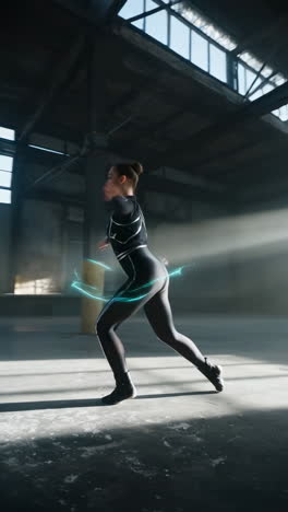 futuristic dance performance with neon light trails in an industrial warehouse