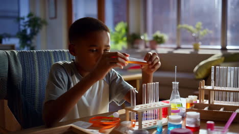 young boy exploring science with a test tube at home