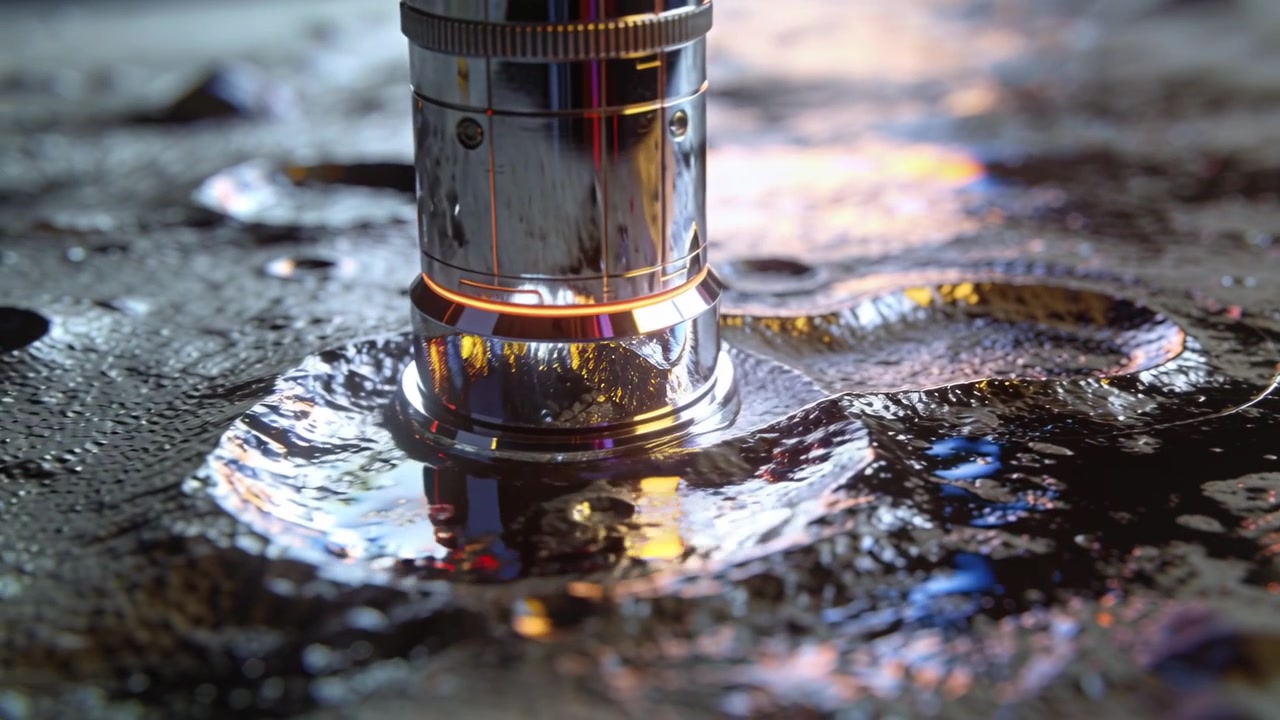 Lowering chrome cylinder with orange ring pressing on oil puddle on cratered pad, forming ripples