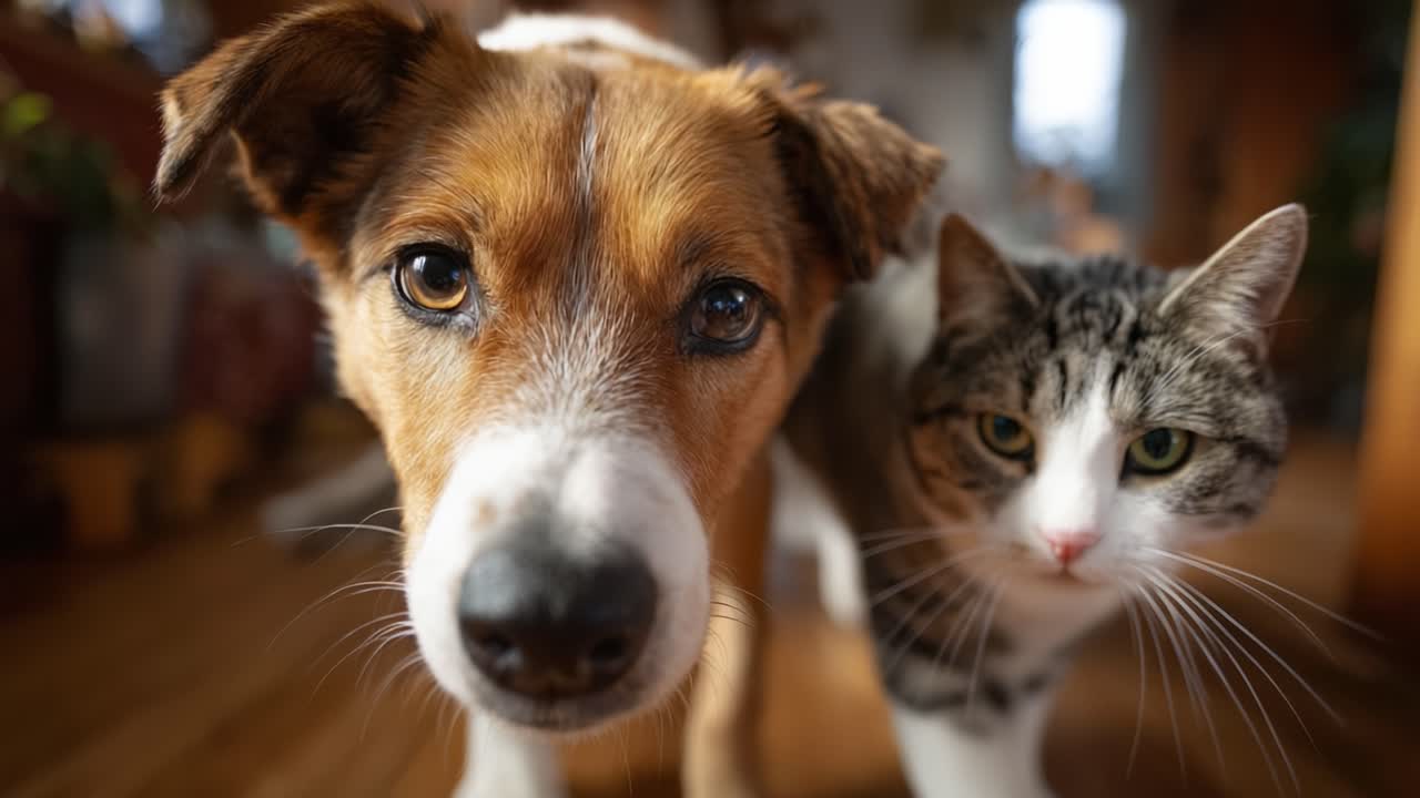 Eine Nahaufnahme eines verspielten Hundes und einer neugierigen Katze in einer gemütlichen Wohnumgebung, die ihre einzigartigen Persönlichkeiten und innigen Momente in bezaubernden Frames festhält