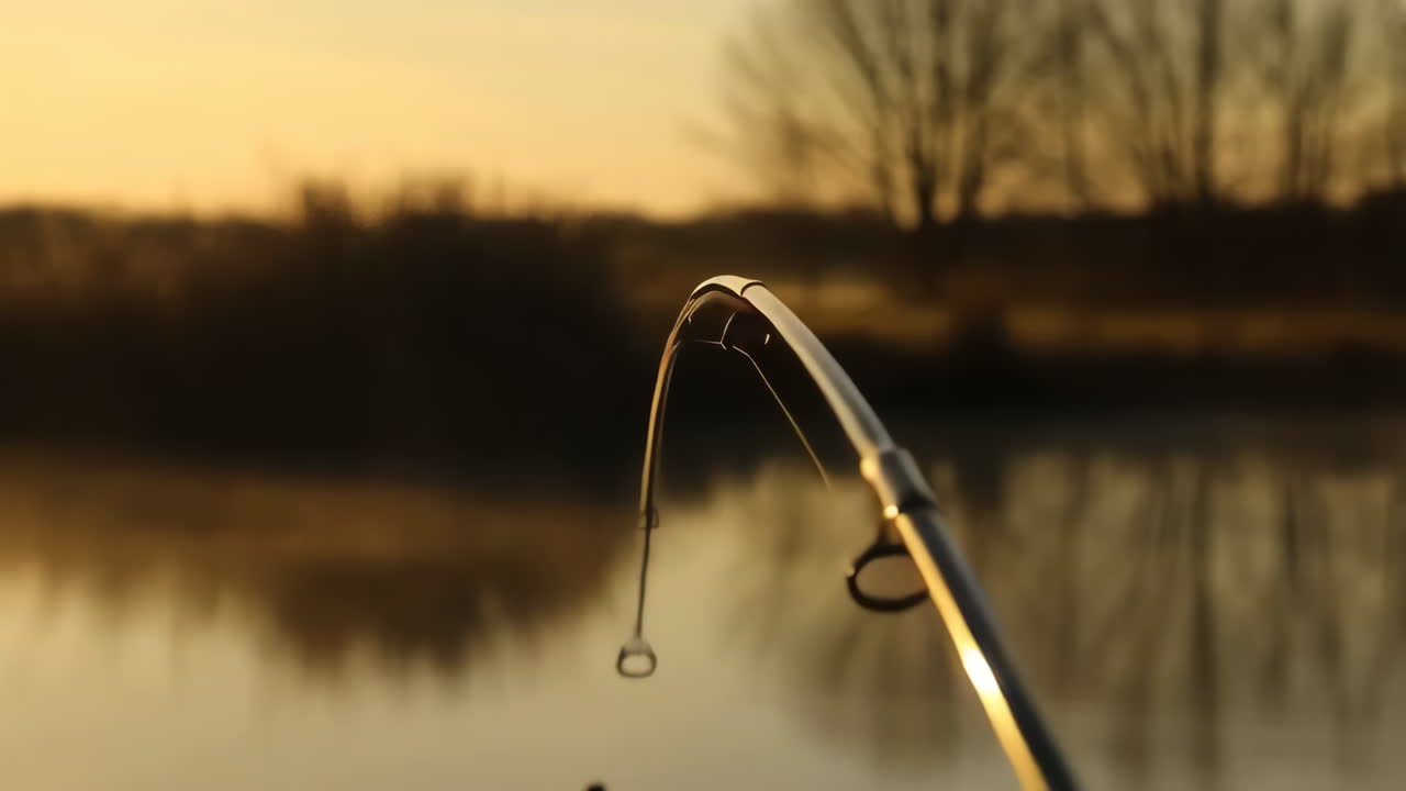 Fishing Rod Against a Golden Sunrise over Water