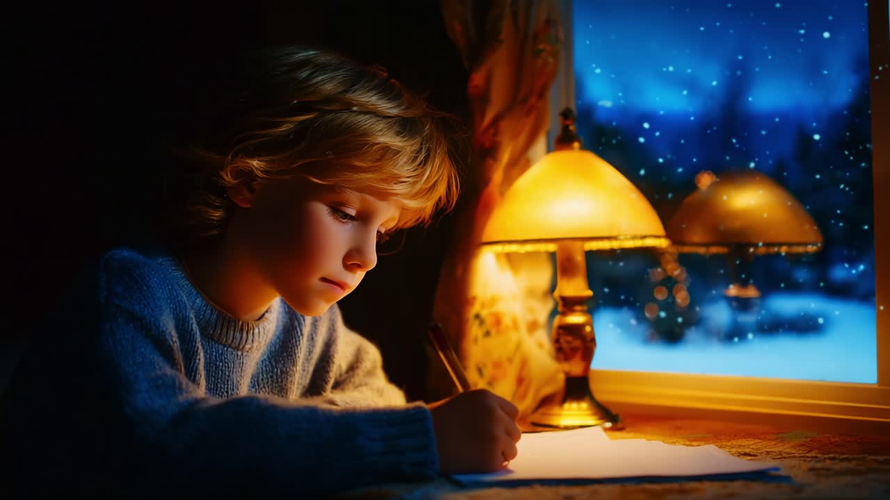 A Young Boy Concentrates Intently While Writing at a Cozy Desk Illuminated by a Warm Lamp, With a Winter Wonderland View of Glistening Snow and Falling Snowflakes Outside the Window