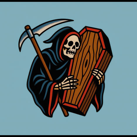grim reaper with wooden coffin animation isolated asset, transparent 4k video, alpha channel, prores