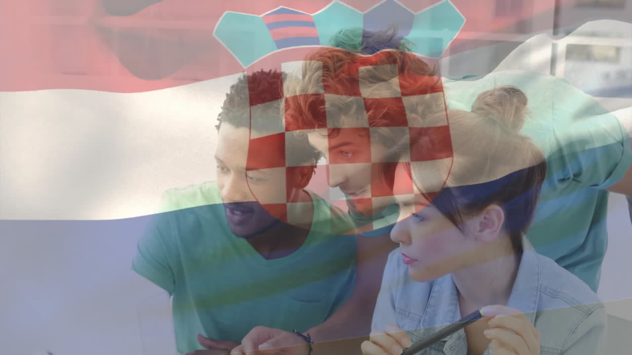 사무실에서 협력하고, 다양한 사람들이 크로아티아 발 애니메이션을 배경으로