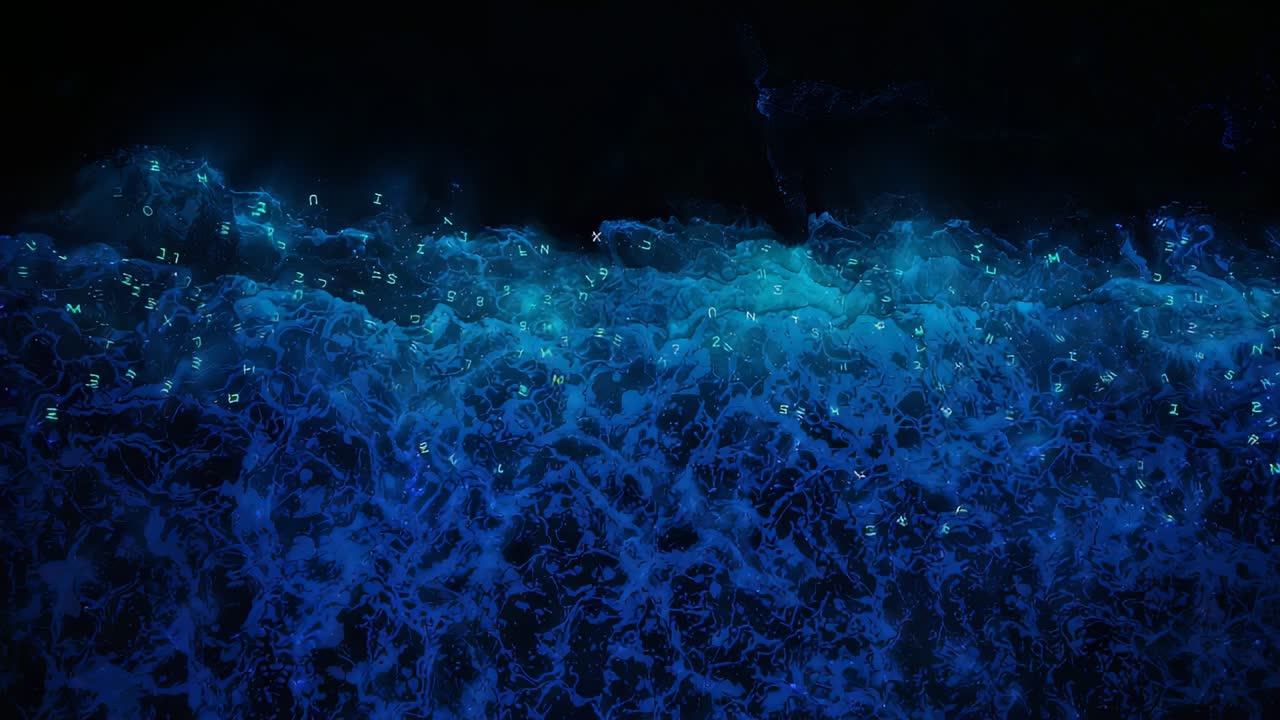Fascia blu pulsante di notte che reagisce al movimento e alle variazioni di luminosità, formando creste spumeggianti, caratteri