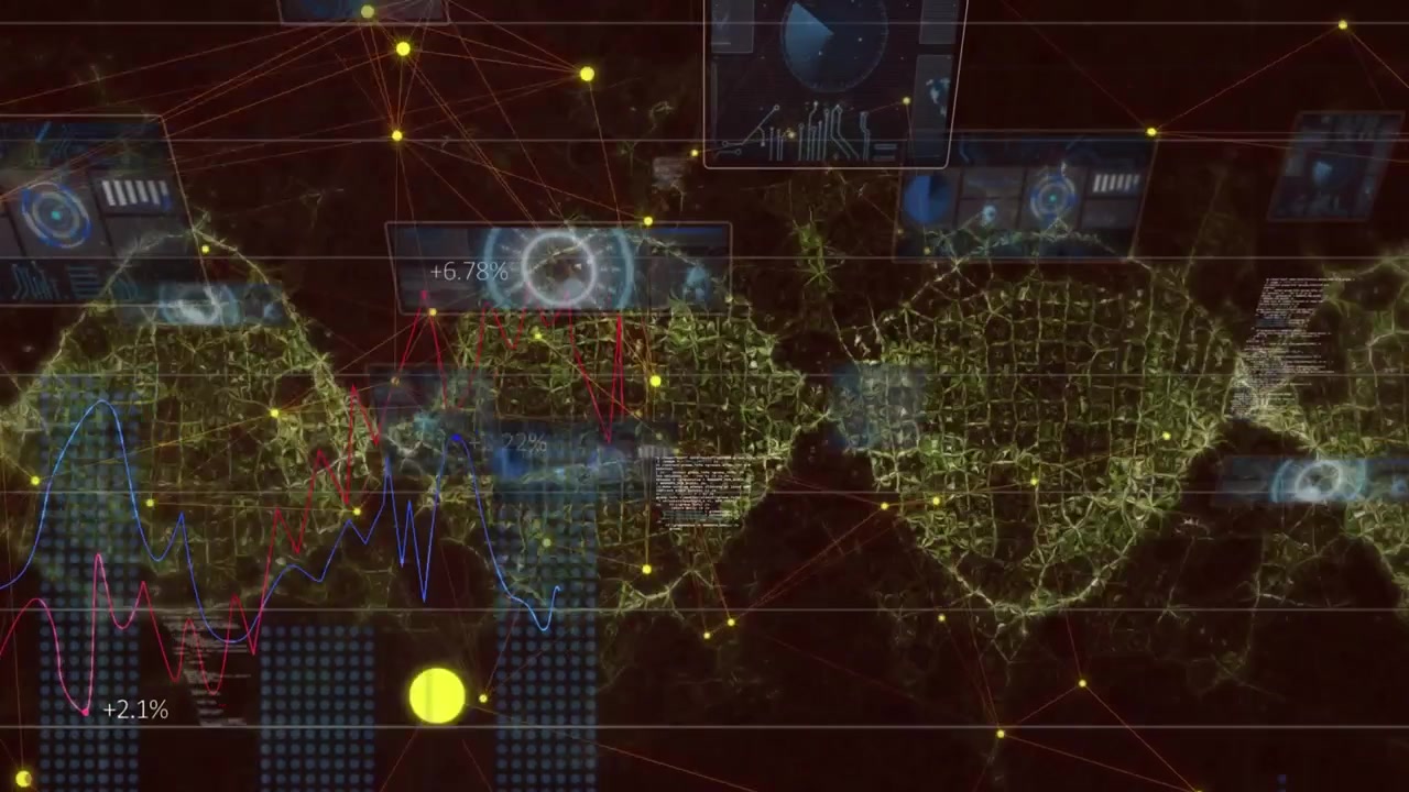 Animation of globe and network of connections with icons over data processing