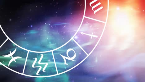 Animation-of-spinning-zodiac-sign-wheel-over-stars-on-glowing-blue,-purple-and-yellow-sky