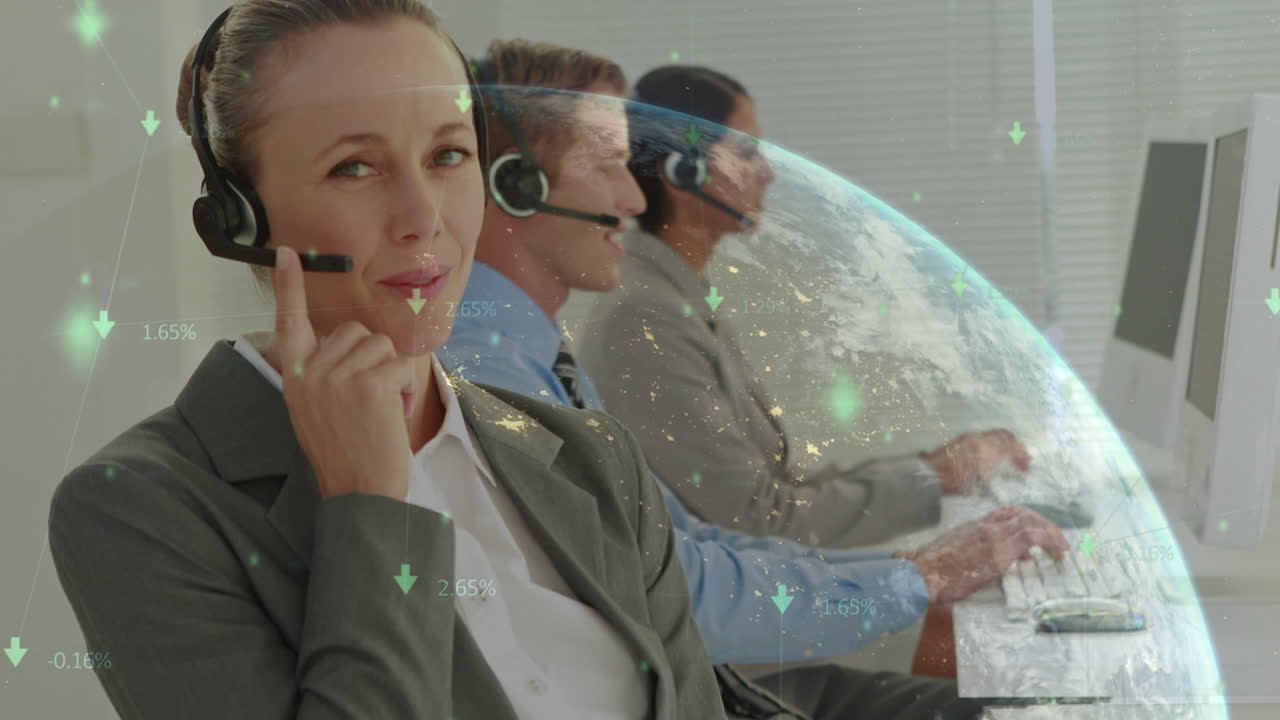 전화 헤드 ⁇ 을 사용하는 다양한 비즈니스 사람들에 대한 전 세계와 연결의 애니메이션