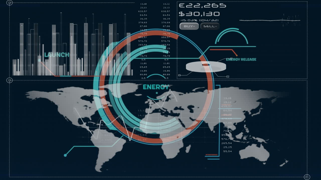 animación de escaneo de alcance sobre diagramas y mapa del mundo en fondo negro