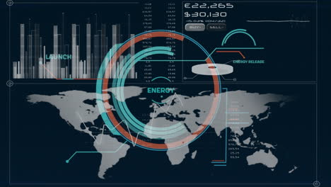 Animation-of-scope-scanning-over-diagrams-and-world-map-on-black-background