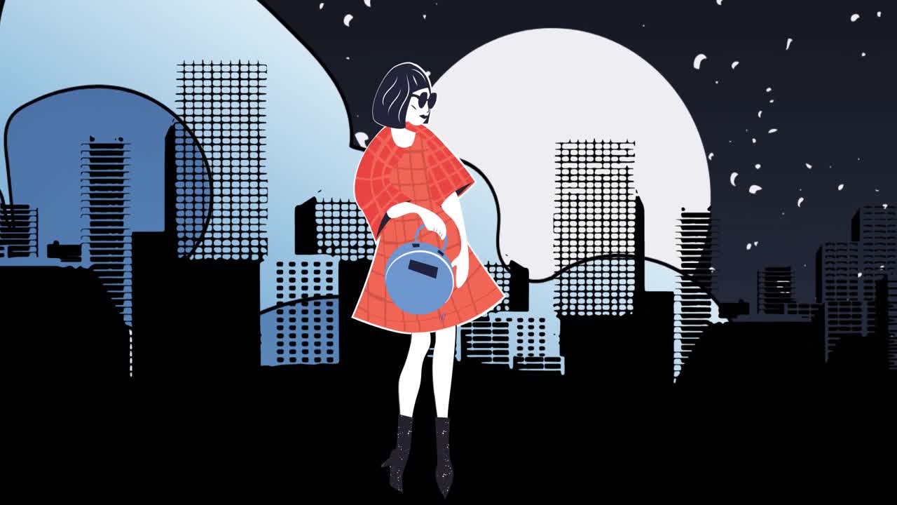 animación de dibujo de modelo en la ciudad sobre fondo negro