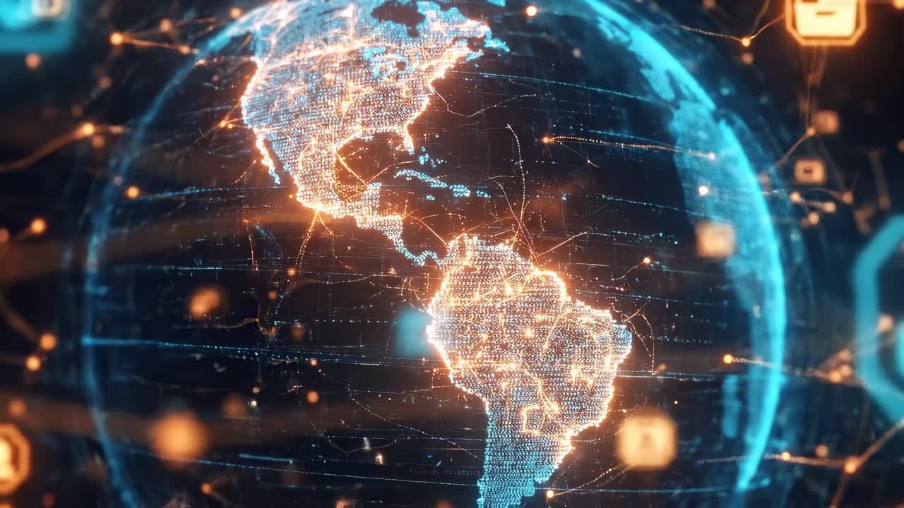 Concept video futuristico di un globo digitale, angolato dall'alto, con icone di rete luminose