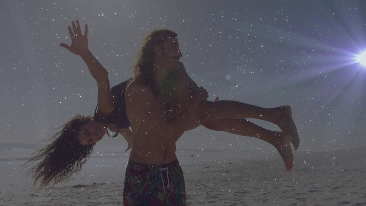 Carrying woman on beach, man with sparkling animation and sunlight effect
