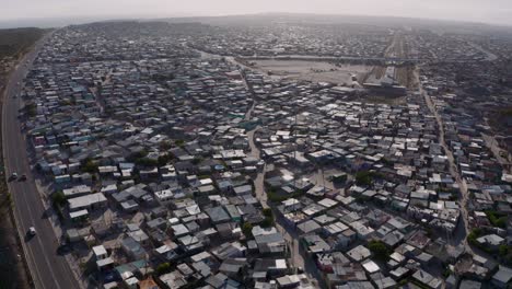 aerial shot of township with corrugated iron huts and shacks in khayelitsha in cape town shouth africa