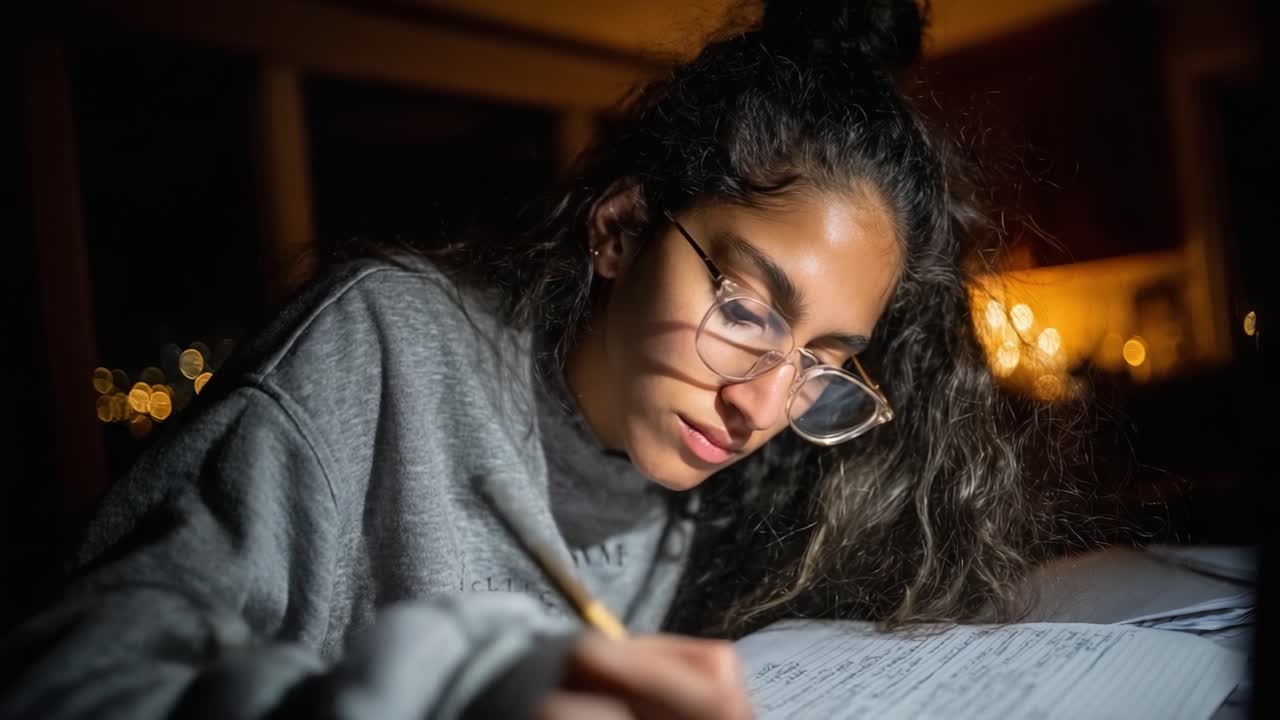 Focused Student Studying Late at Night: Engaging in Intense Note-taking and Learning with Task Lighting for Enhanced Concentration and Productivity