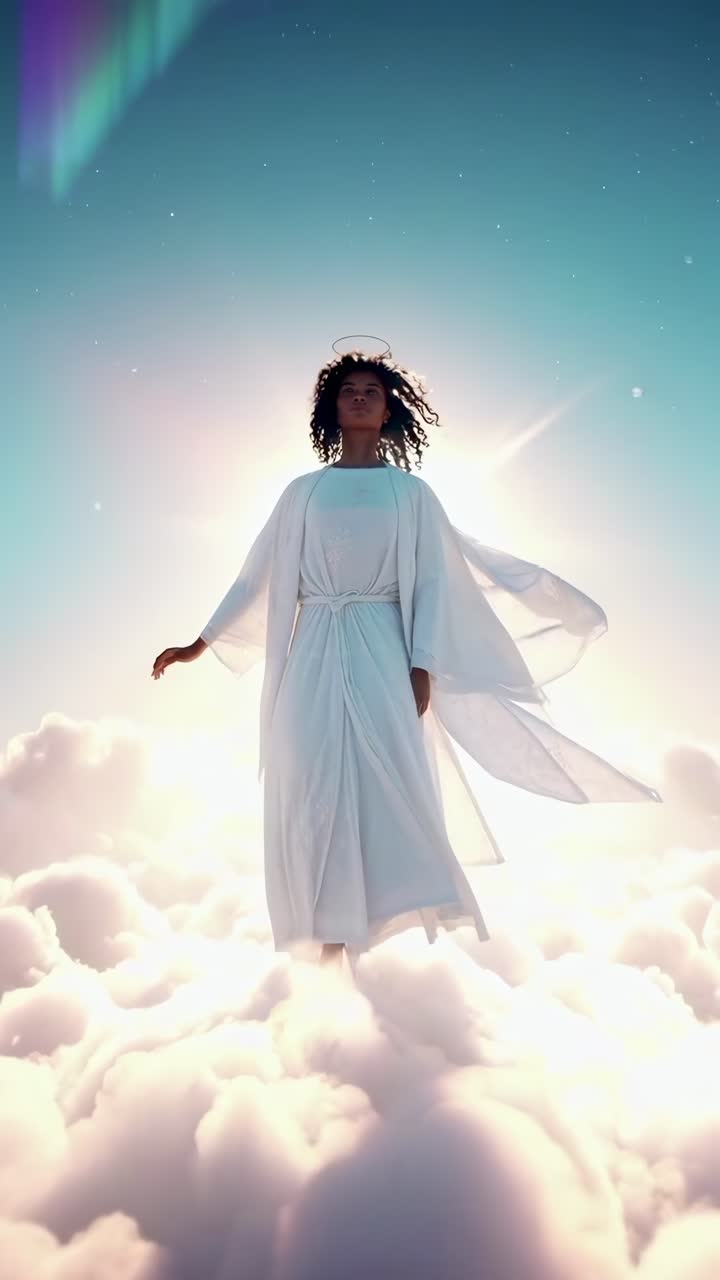 Scena video eterea di una donna in bianco che fluttua sopra le nuvole, ripresa da un'angolazione bassa.