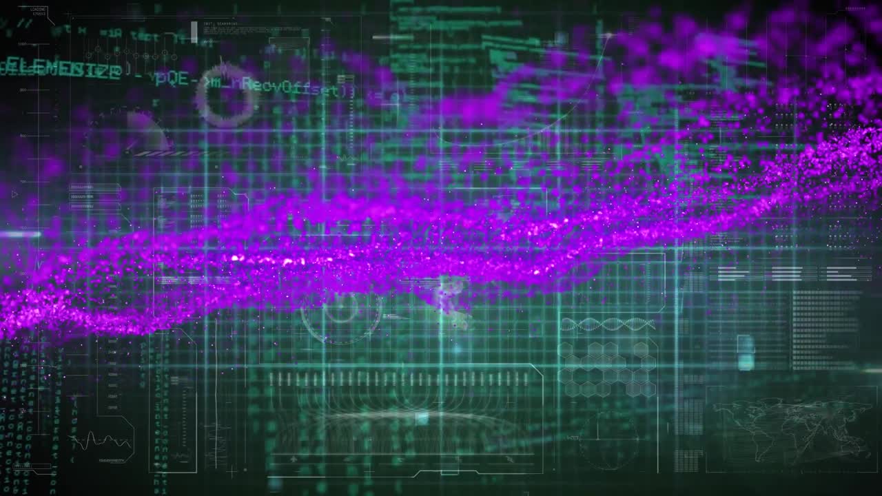 Animation of light spots over data processing on black background