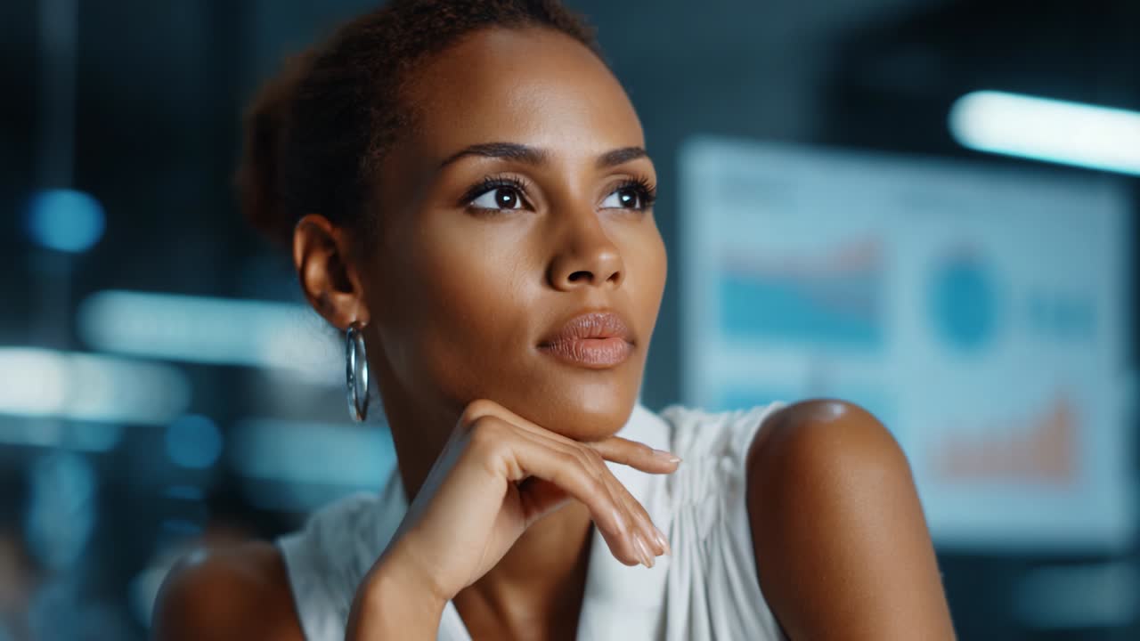 A Thoughtful Woman Contemplating the Future in a Modern Office Environment, Showcasing Her Confidence and Poise While Analyzing Data Trends with Intense Focus and Determination