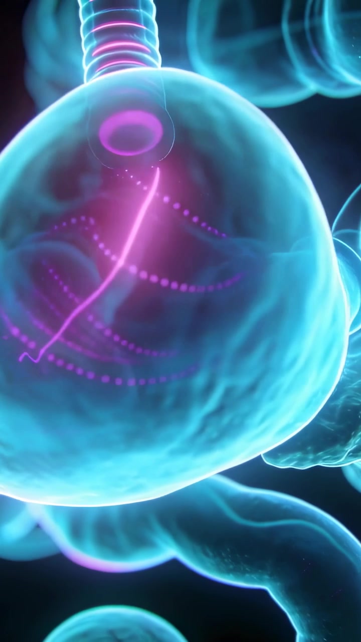Video verticale: Telecamera che ruota rivelando un sacco che pulsa tracce magenta nell'intestino CGI, tubo ad anelli, bobine