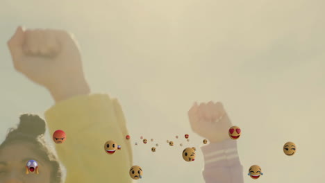 in school, children raising fists with floating emojis and bright animation