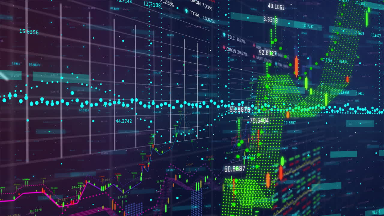 Green dotted arrow winding through dark grid trading interface, showing candlestick and line charts