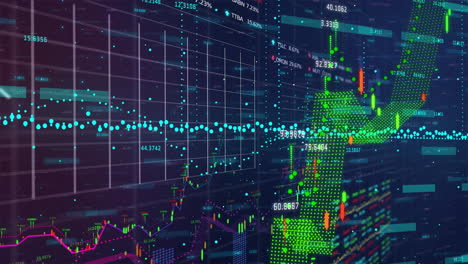green dotted arrow winding through dark grid trading interface, showing candlestick and line charts