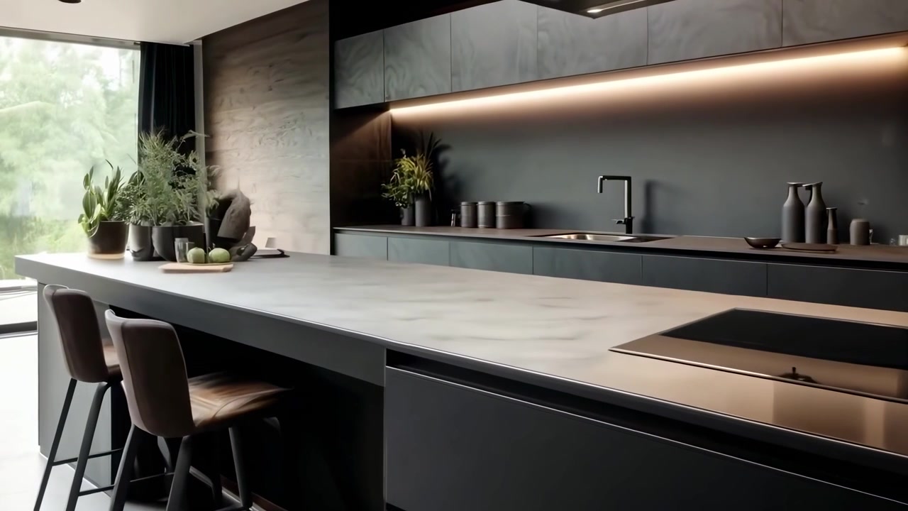 Interni di cucina moderna ed elegante con mobili scuri e isola