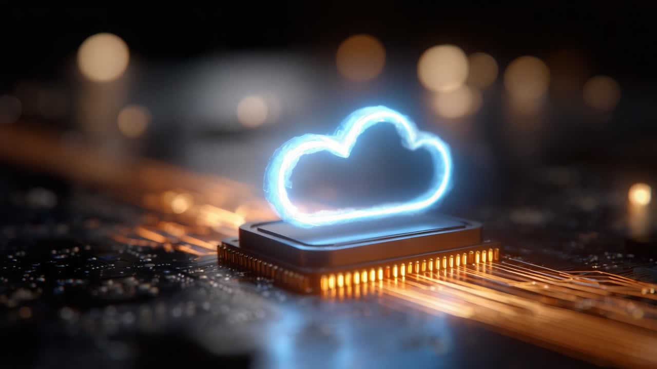 A Glowing Cloud Symbol on a Microchip Circuit Board Represents Modern Cloud Computing Technology with High-Tech Background Elements and Illuminated Connectivity