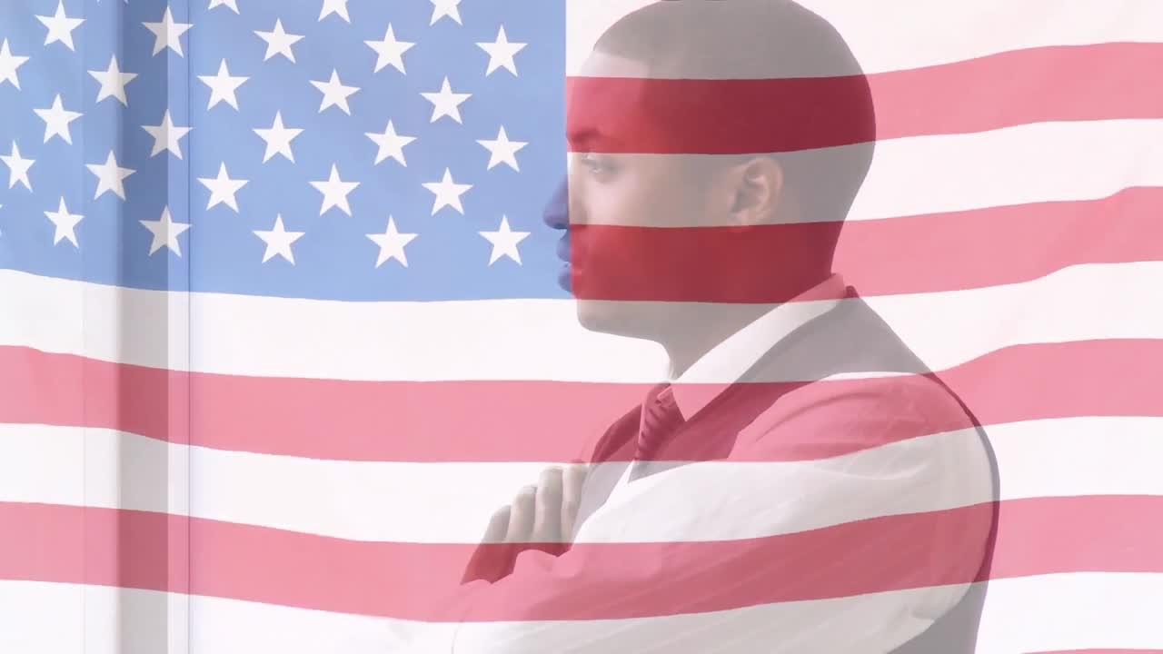 Animation of American flag waving over African American businessman in the background