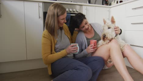 caucasian lesbian couple holding coffee cups playing with their dog sitting in the kitchen at home