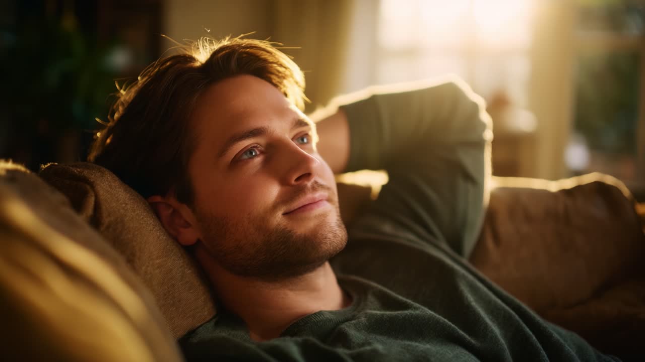 En mann slapper av på en koselig sofa og nyter varmt sollys, med et rolig uttrykk som utstråler fred og tilfredshet i et øyeblikk av stille ettertanke.