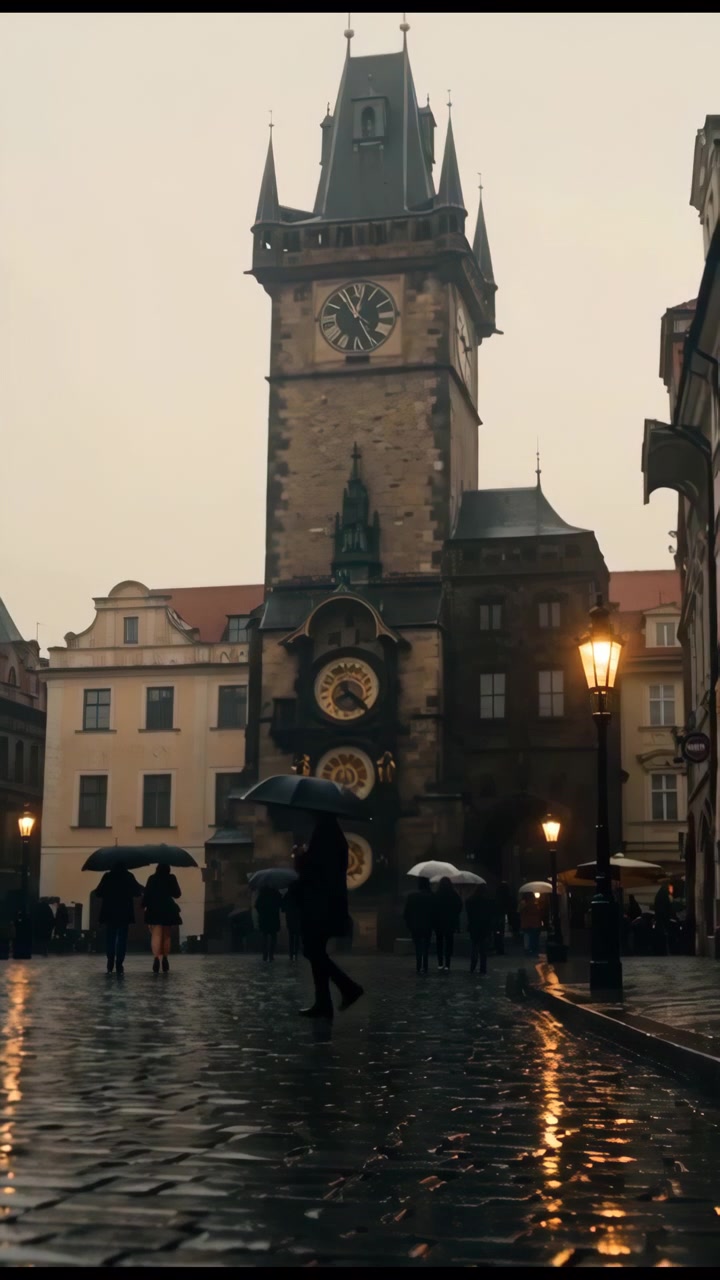 Riflessi su ciottoli bagnati sotto la torre, ombrelli e pedoni che passano vicino all'orologio, scintillio della luce dei lampioni