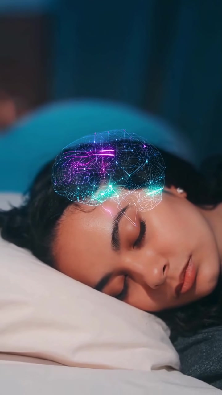 Giovane donna che dorme serenamente con sovrapposizione digitale dell'attività cerebrale