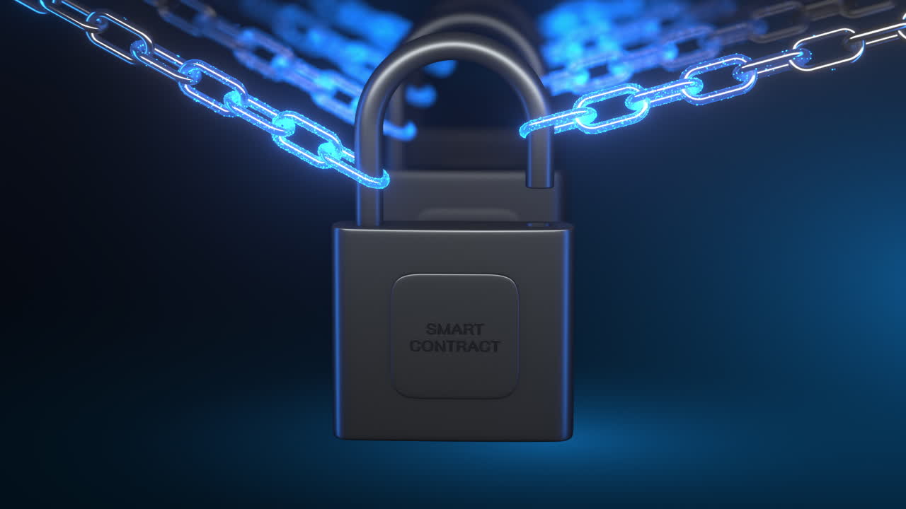 Render 3D de candado de contrato inteligente desbloqueado con cadenas digitales azules brillantes. Concepto de tecnología blockchain segura. Ciberseguridad, fintech, protección de datos de finanzas descentralizadas.