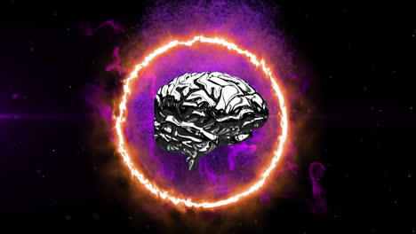 animation of 3d metallic human brain rotating over glowing purple globe on black background